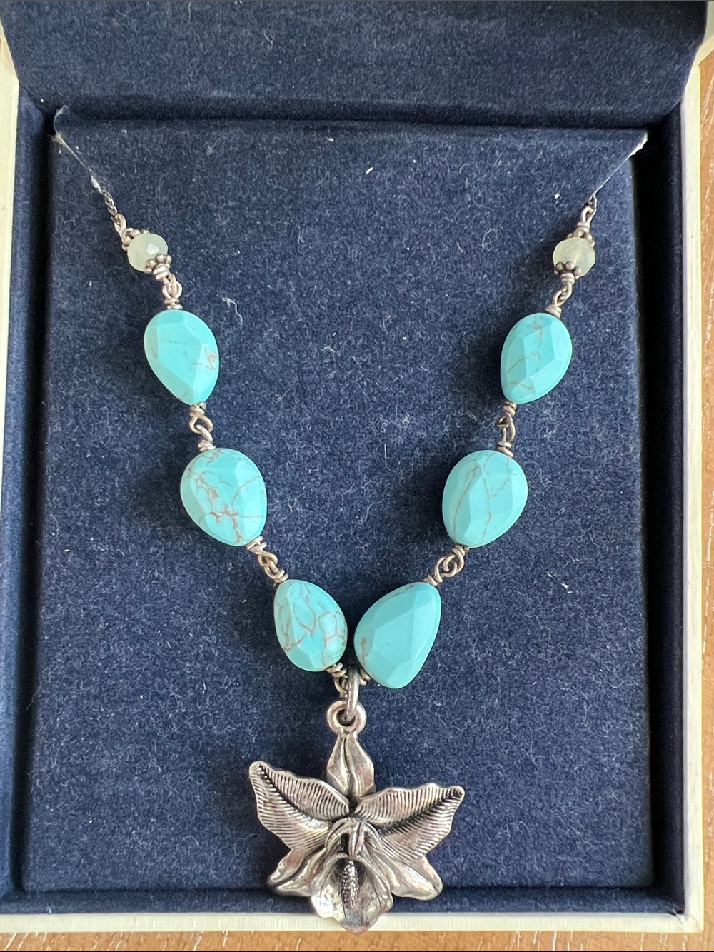 Lucky Brand Turquoise Bead Necklace with Silver Orchid Charm